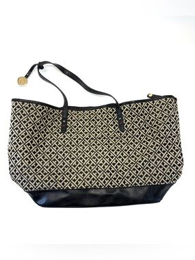 Tommy Hilfiger 2015 Monogram Jacquard Large Shopper Tote Bag Black Beige